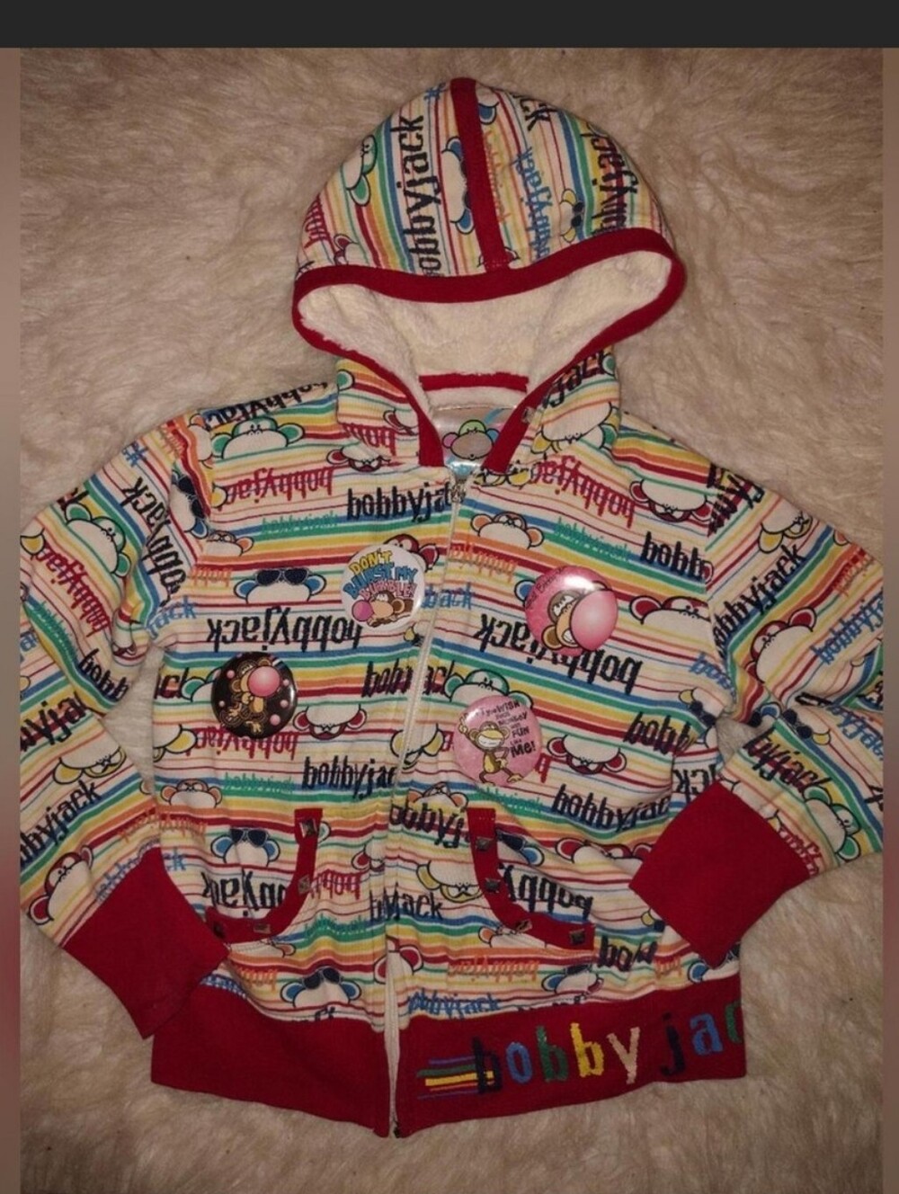 Kids' Rainbow Stripe Hooded Zip-Up Sweatshirt with Red Trim